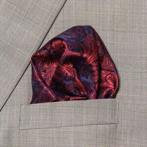 Gascoigne Pocket Square Red Navy Blue Paisley Pattern Men's